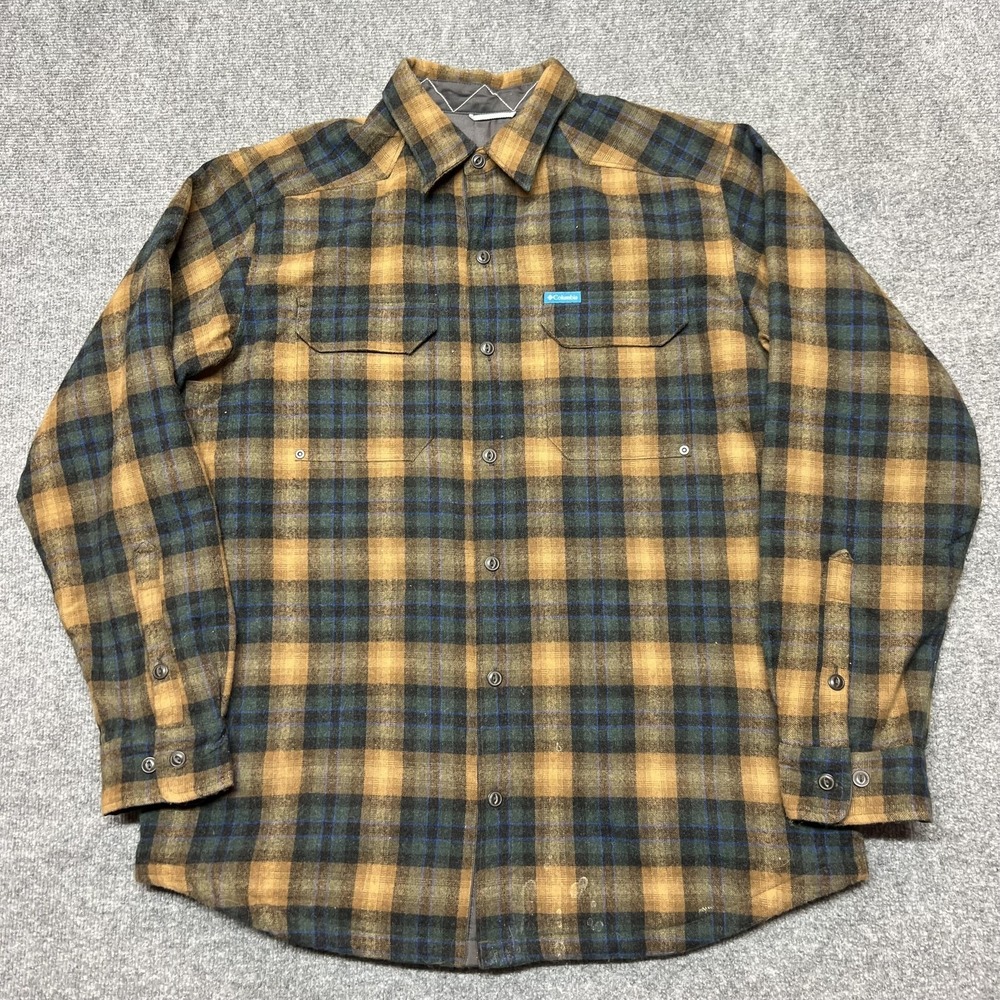 Columbia Jacket Mens Large Brown Plaid Flannel Fleece Lined Shirt Outdoor AM7301